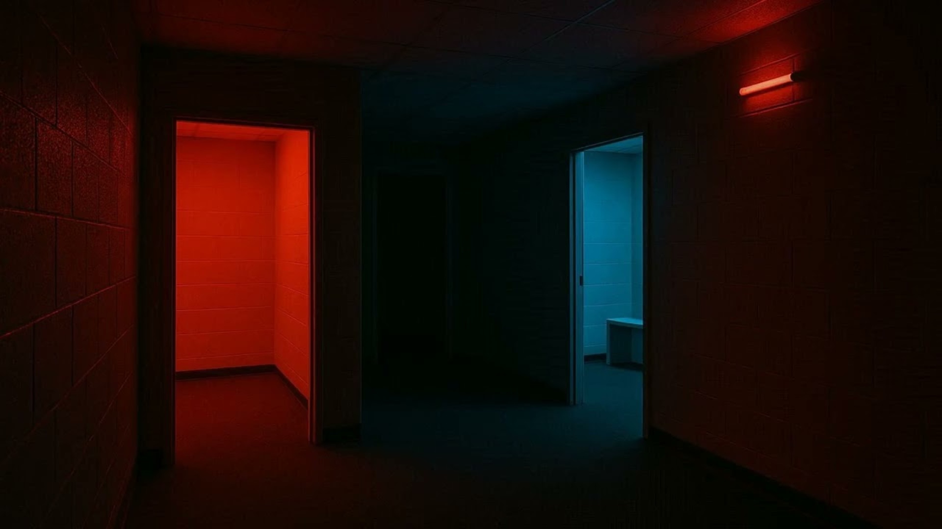 Dark architectural space with crimson light